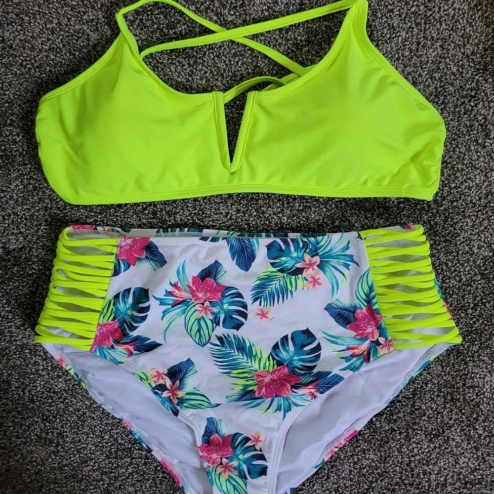 Neon Yellow Strappy Bikini Set with Tropical Print High-Waist Bottoms